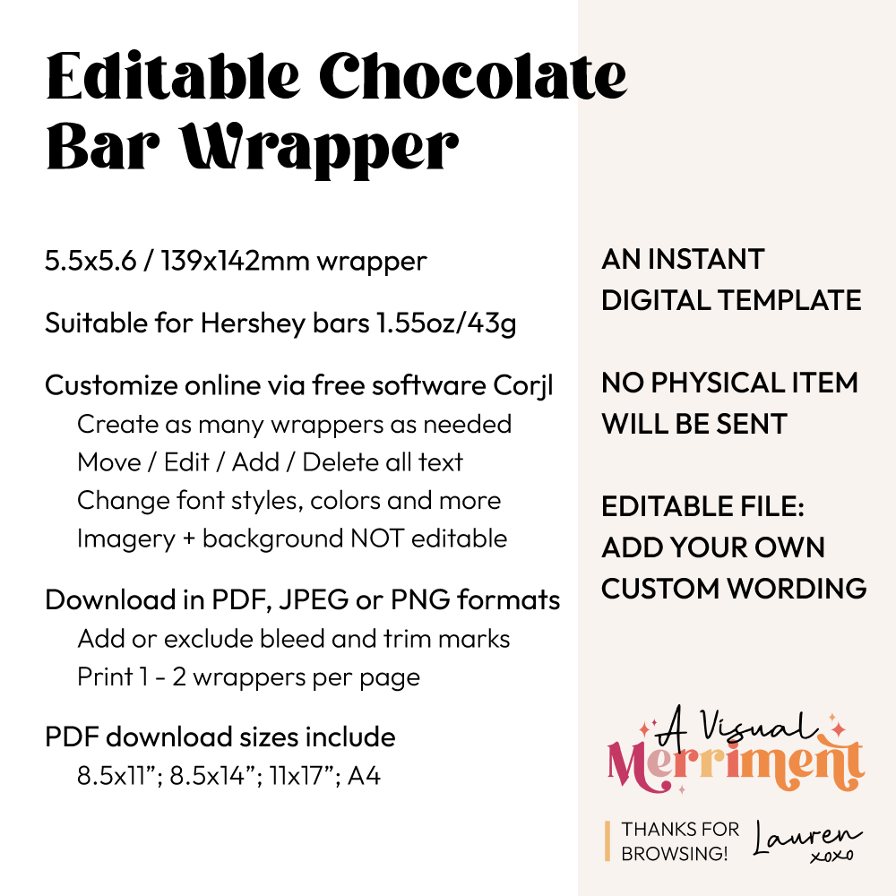 Informational graphic about an editable chocolate bar wrapper with specifications and features.