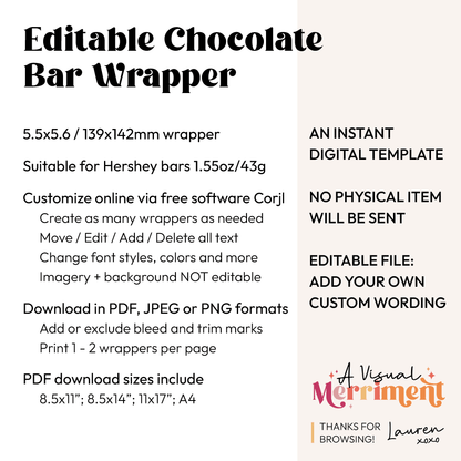 Informational graphic about an editable chocolate bar wrapper with specifications and features.