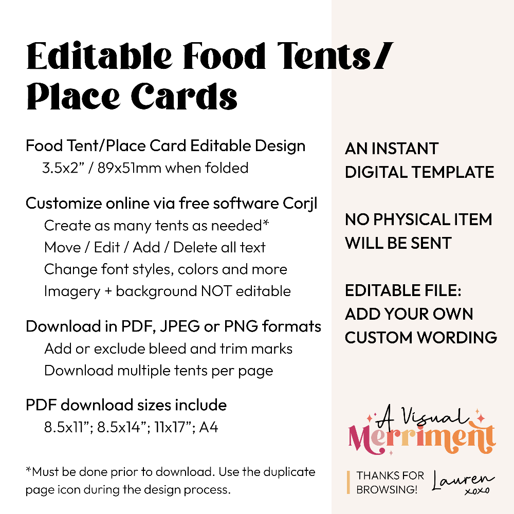 graphic for editable place cards/food tents with product features and instructions for purchase