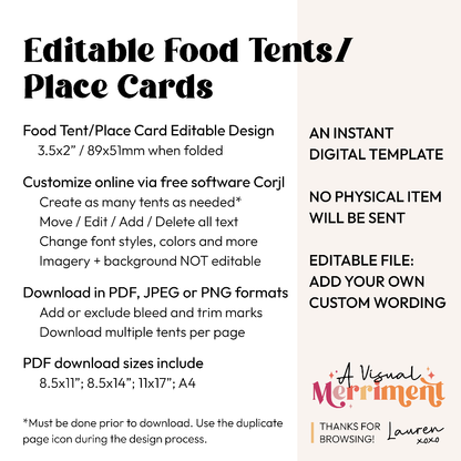 graphic for editable place cards/food tents with product features and instructions for purchase