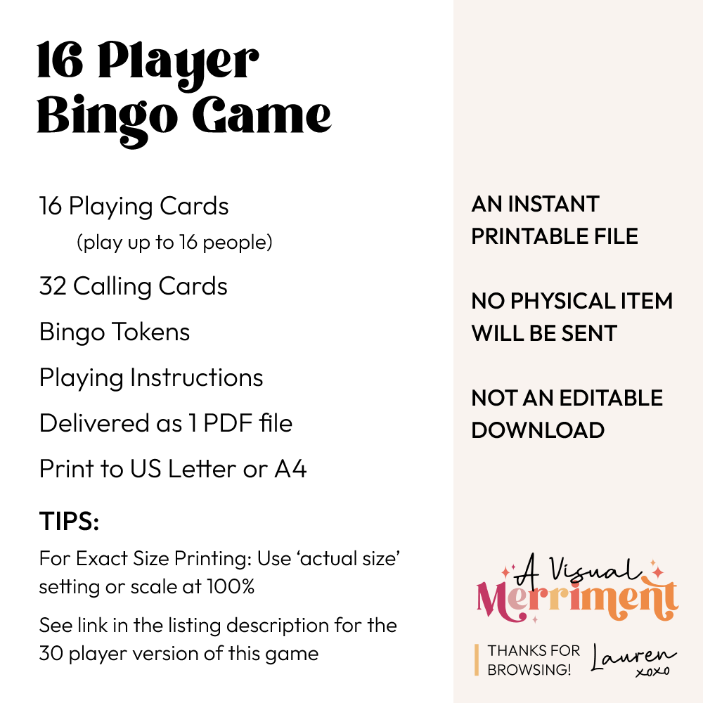 16 player printable bingo game inclusions