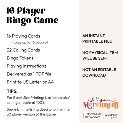 16 player printable bingo game inclusions