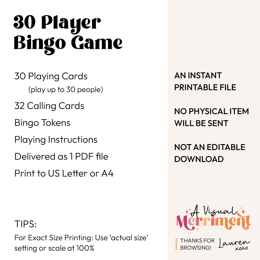 30 player printable bingo game inclusions graphic