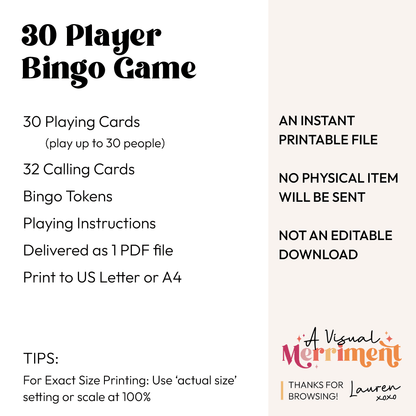 30 player printable bingo game inclusions graphic