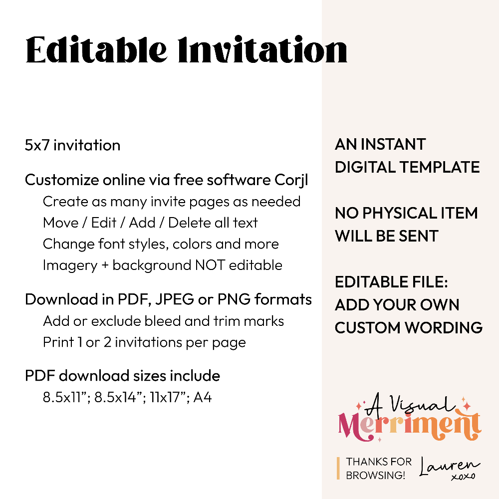 Promotional graphic for an editable digital invitation template with features and branding details.