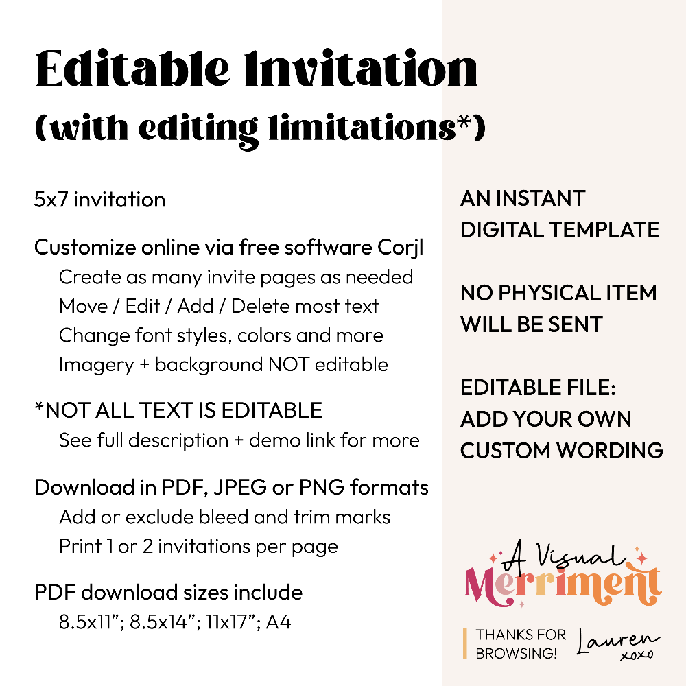 Informational text about an editable digital invitation template with editing limitations.