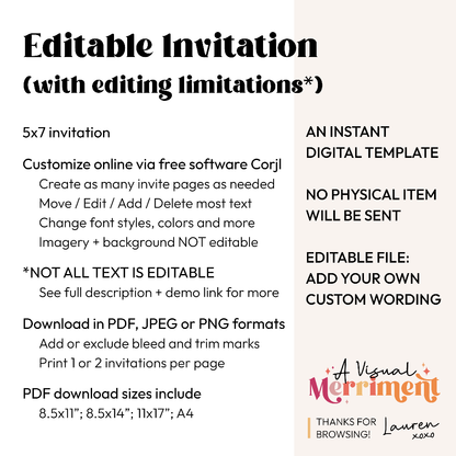 Informational text about an editable digital invitation template with editing limitations.