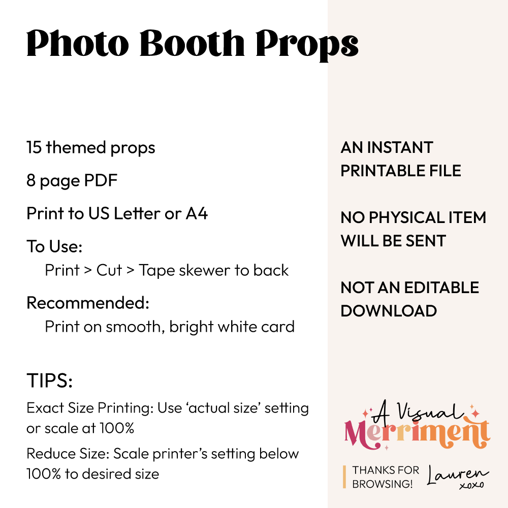 15 printable photo booth props listing description graphic with important information