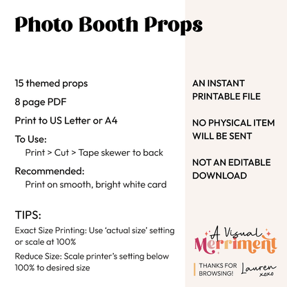 15 printable photo booth props listing description graphic with important information