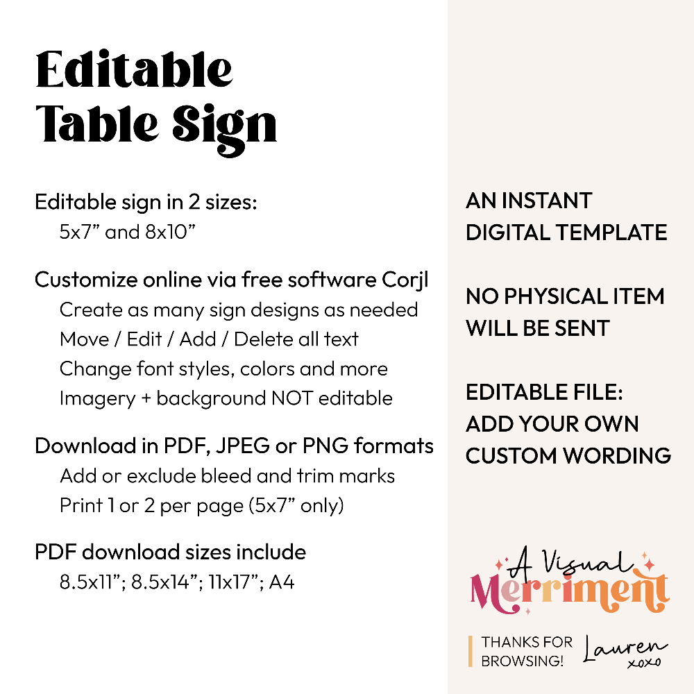 Promotional graphic for an editable digital table sign with features and branding details.
