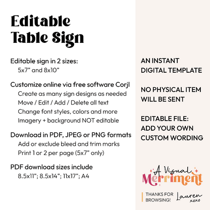 Promotional graphic for an editable digital table sign with features and branding details.