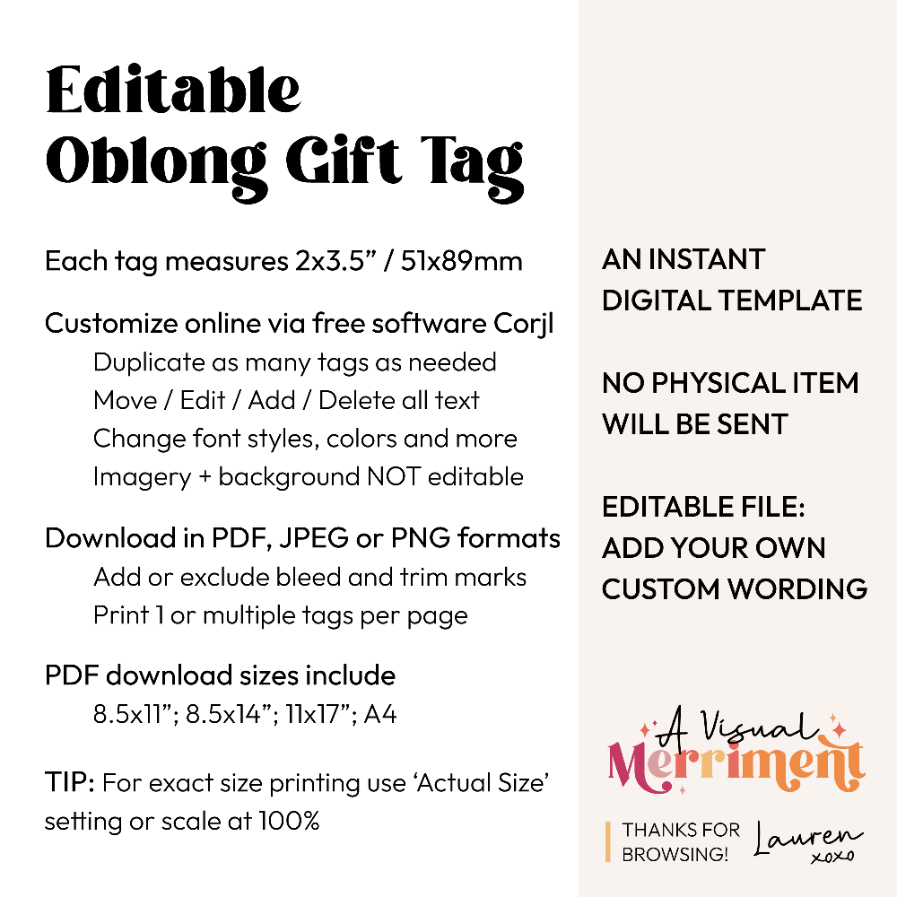 Informational graphic about an editable oblong gift tag with specifications and features.