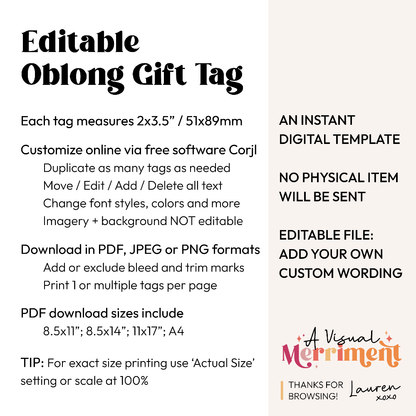 Informational graphic about an editable oblong gift tag with specifications and features.