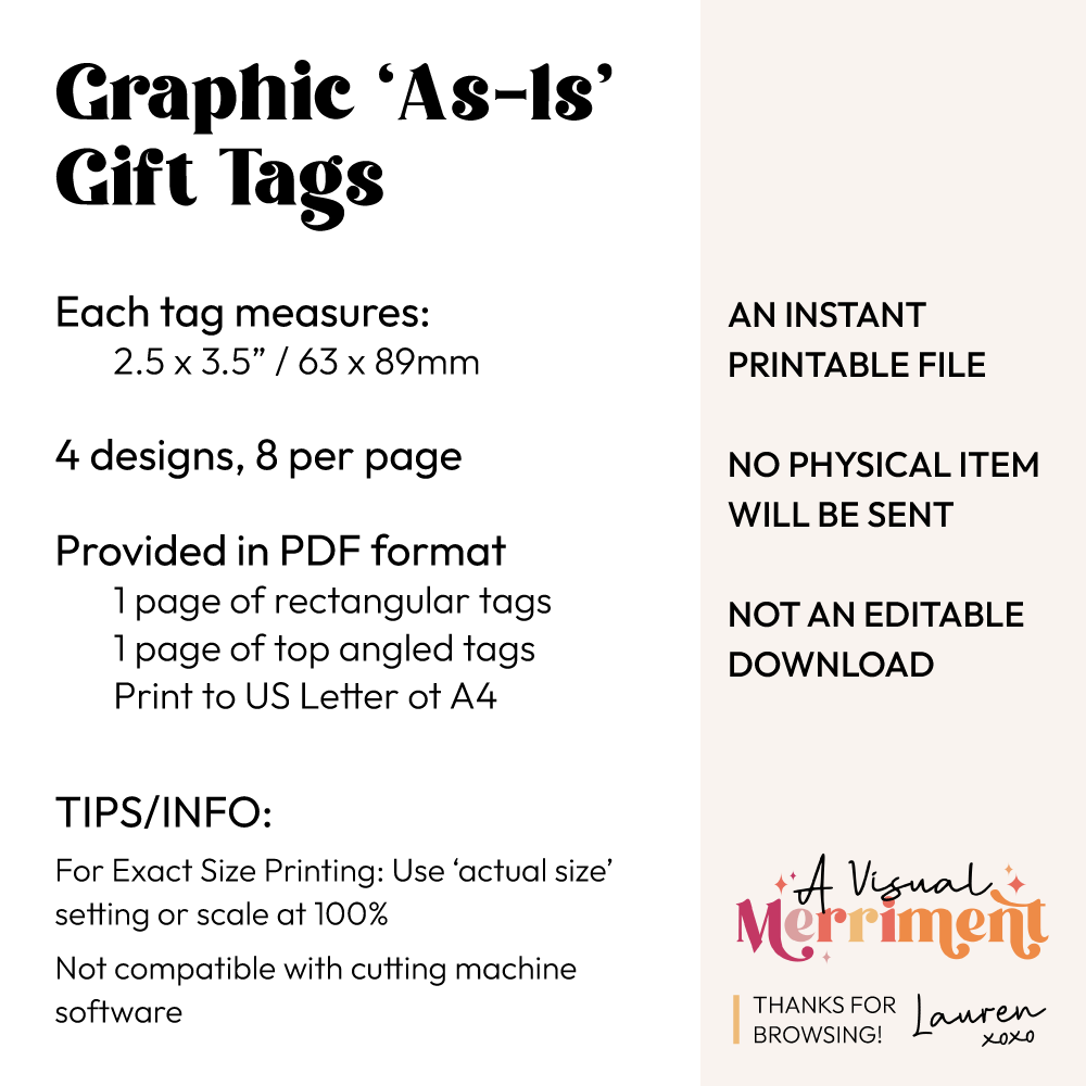 Text about graphic gift tags with dimensions, design details, and download information.