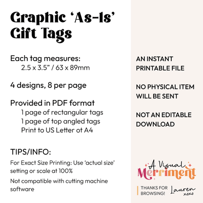 Text about graphic gift tags with dimensions, design details, and download information.
