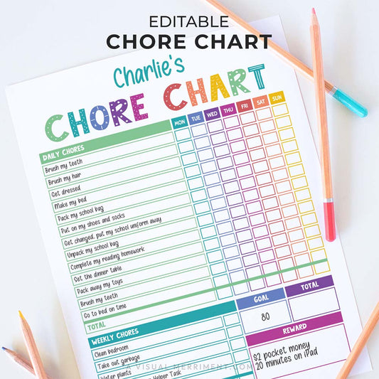 rainbow weekly chore chart page for child, editable and printable