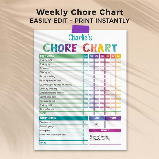 Colorful rainbow weekly chore chart page for child, editable and printable