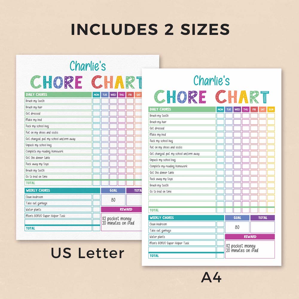 Rainbow editable chore chart PDF in 2 sizes - A4 and 8.5x11