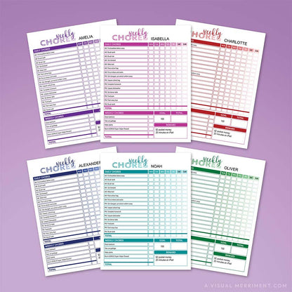 color-coded editable weekly chore chart PDF pages fanned in 6 colors