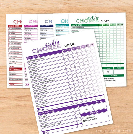 set of 6 color-coded editable weekly chore chart PDFs bundle