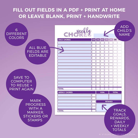 how to edit color-coded editable weekly chore chart PDF page