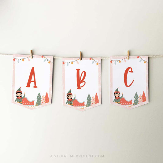 Hanging editable ABC pink girl elf on the shelf banner sign