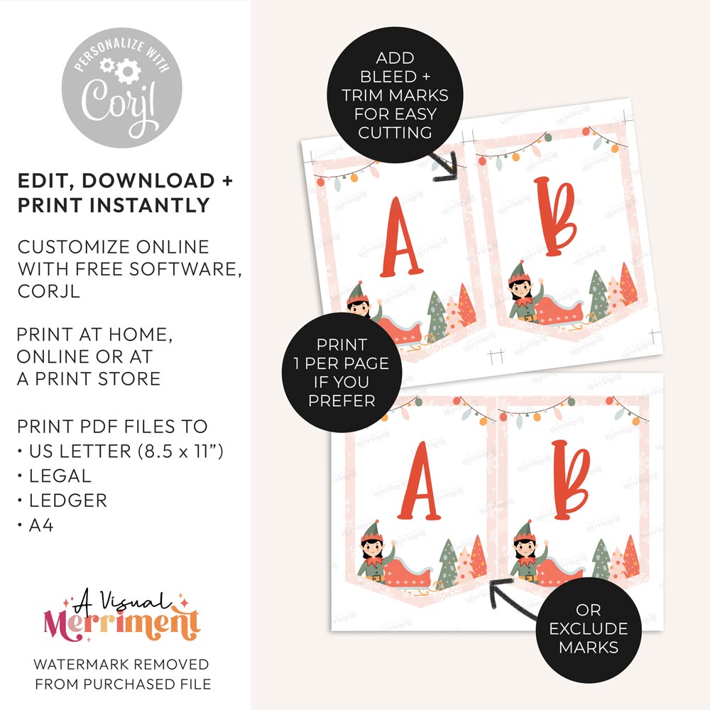 2 sheets of pink girl elf on the shelf banner signs with features
