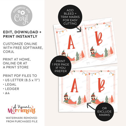 2 sheets of pink girl elf on the shelf banner signs with features