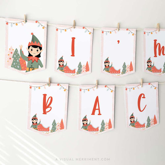 hanging i'm back pink girl elf on the shelf banner sign