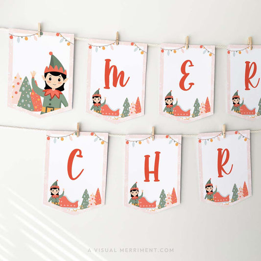 vertical hanging editable merry christmas girl elf on the shelf banner sign