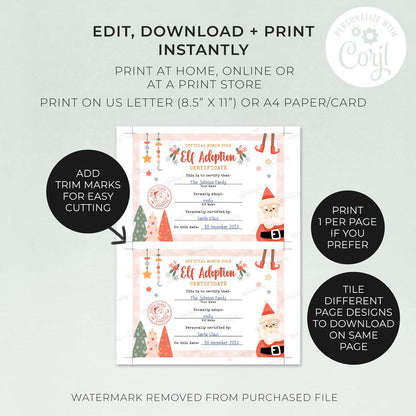 2 printed pages of girl christmas elf adoption certificate with features