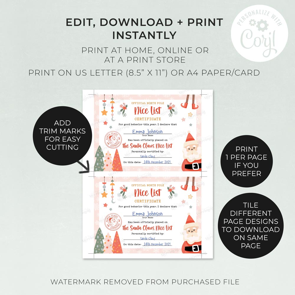 2 printed pink santa claus nice lists with editing and printing instructions