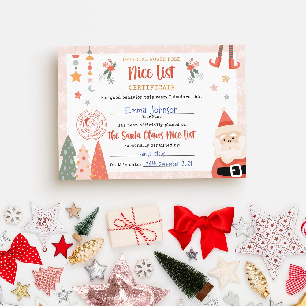 nice list certificate signed by santa claus with festive decorations
