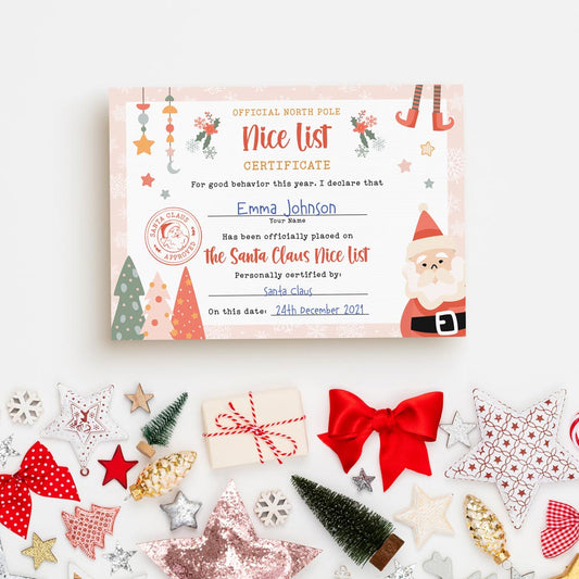 nice list certificate signed by santa claus with festive decorations