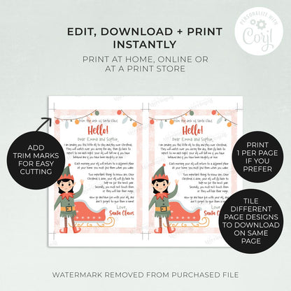 2 printed first arrival girl christmas elf letters with instructions