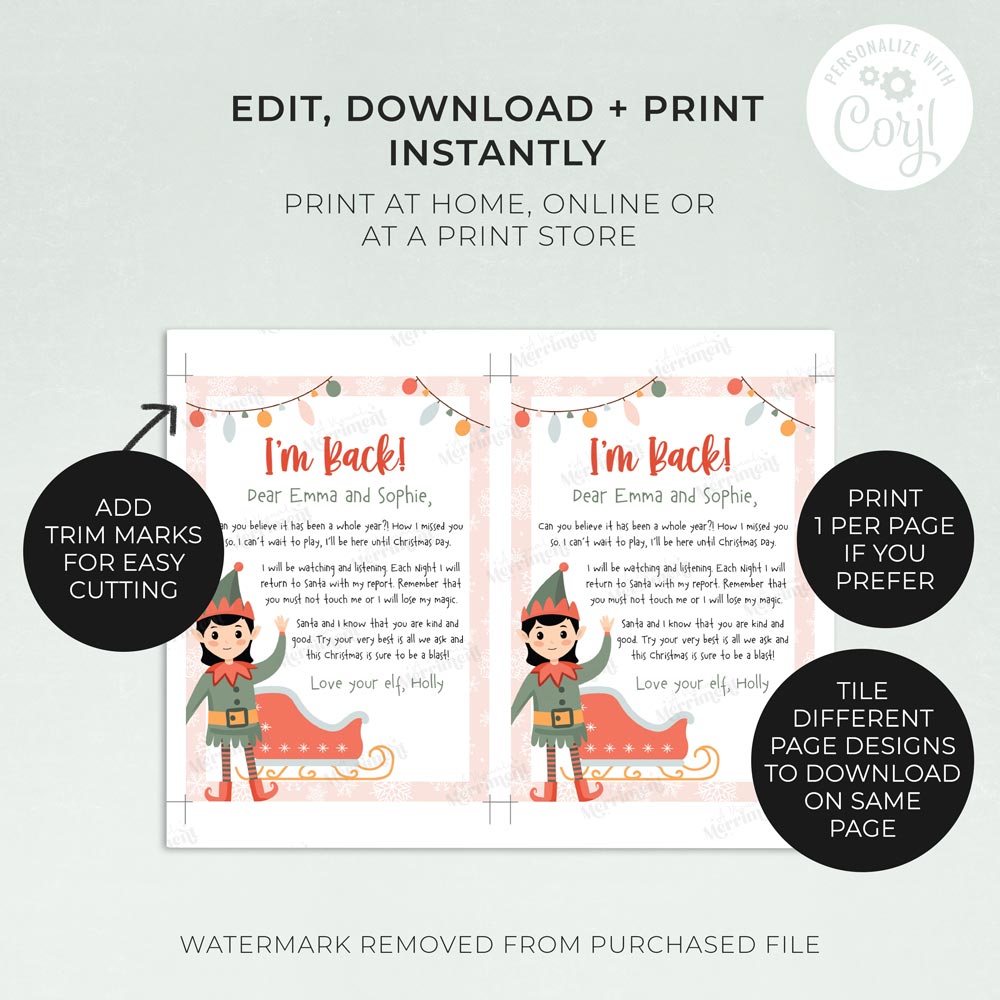 2 printed I'm Back girl christmas elf letters with instructions