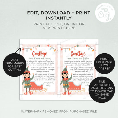 2 printed pages of girl christmas elf goodbye letter with features