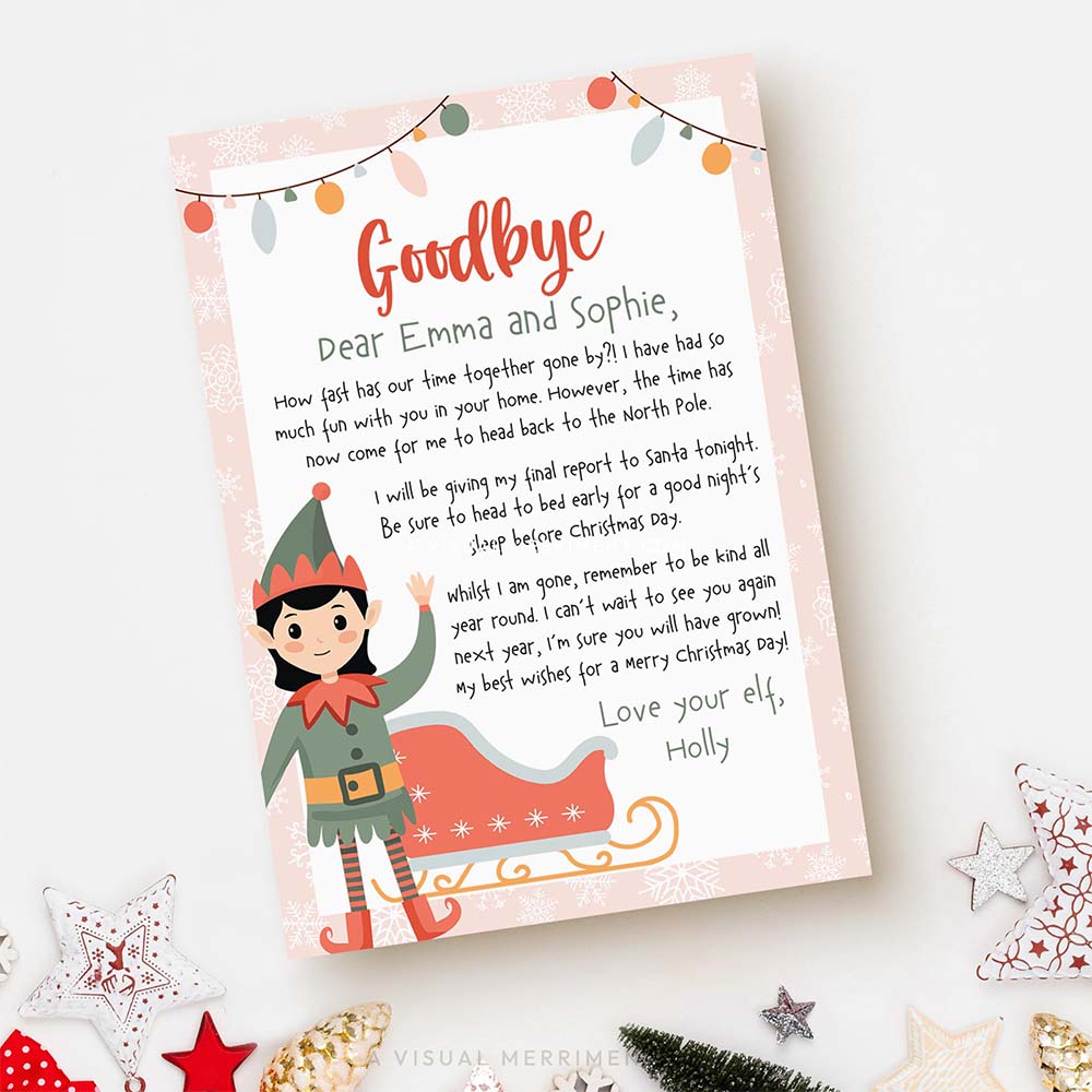 pink goodbye printable arrival letter from girl elf on the shelf