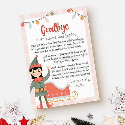 pink goodbye printable arrival letter from girl elf on the shelf