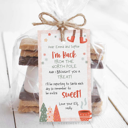 Printable girl elf on the shelf return pink gift tag on bag of smore treats
