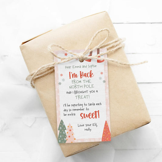Printable pink christmas elf sweet treats gift tag on wrapped gift