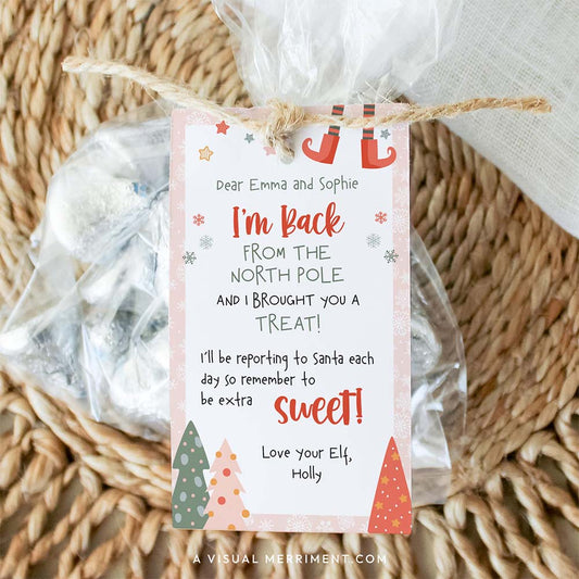 pink girl elf on the shelf i’m back christmas tree gift tag tied to bag of candy treats
