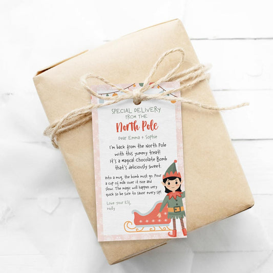 editable girl christmas elf hot chocolate bomb instructions gift tag on wrapped gift