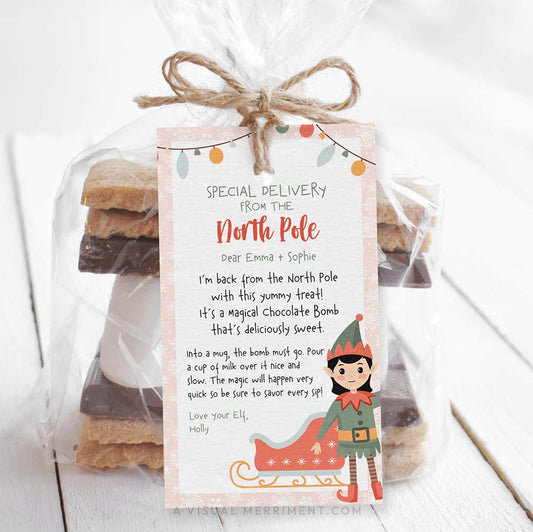 Printable girl elf on the shelf hot chocolate bomb gift tag on bag of smore treats