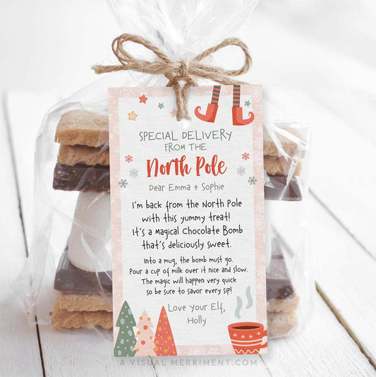Printable pink girl elf on the shelf hot chocolate bomb gift tag on bag of smore treats