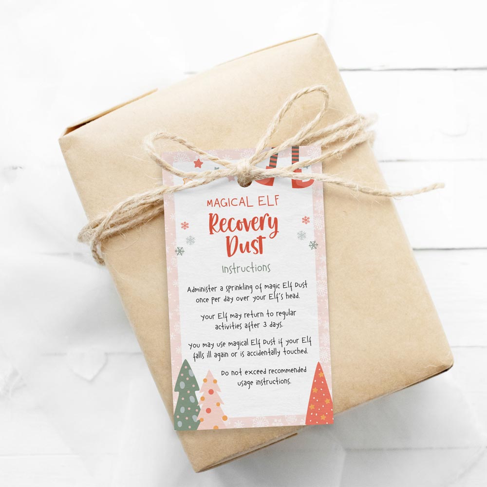 editable girl elf on the shelf magic dust gift tag on wrapped gift