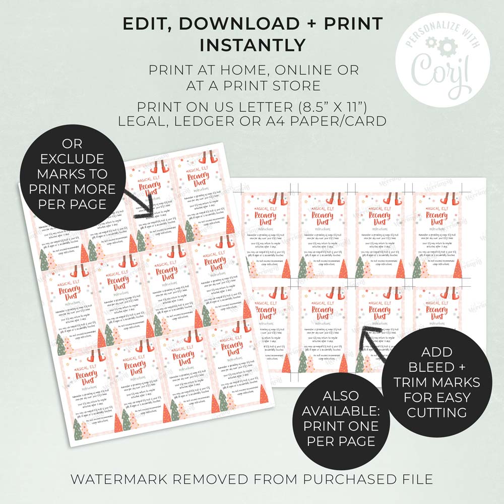 2 sheets of printed pink christmas elf recovery dust tags with features