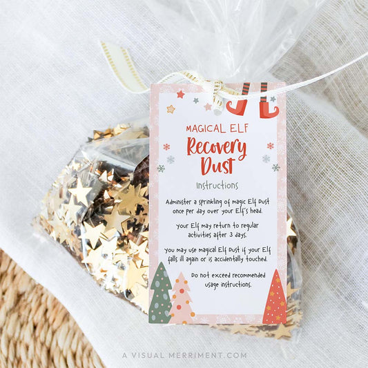 pink elf on the shelf touched magic dust gift tag tied to bag of glitter sparkles