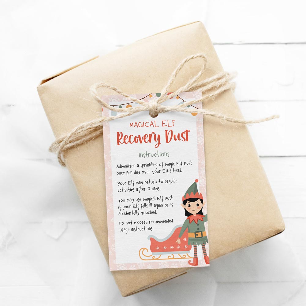 Printable pink elf on the shelf magic recovery dust gift tag on wrapped gift