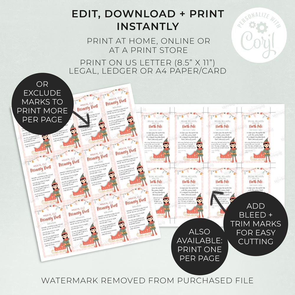 2 sheets of printed girl christmas elf recovery dust tags with features
